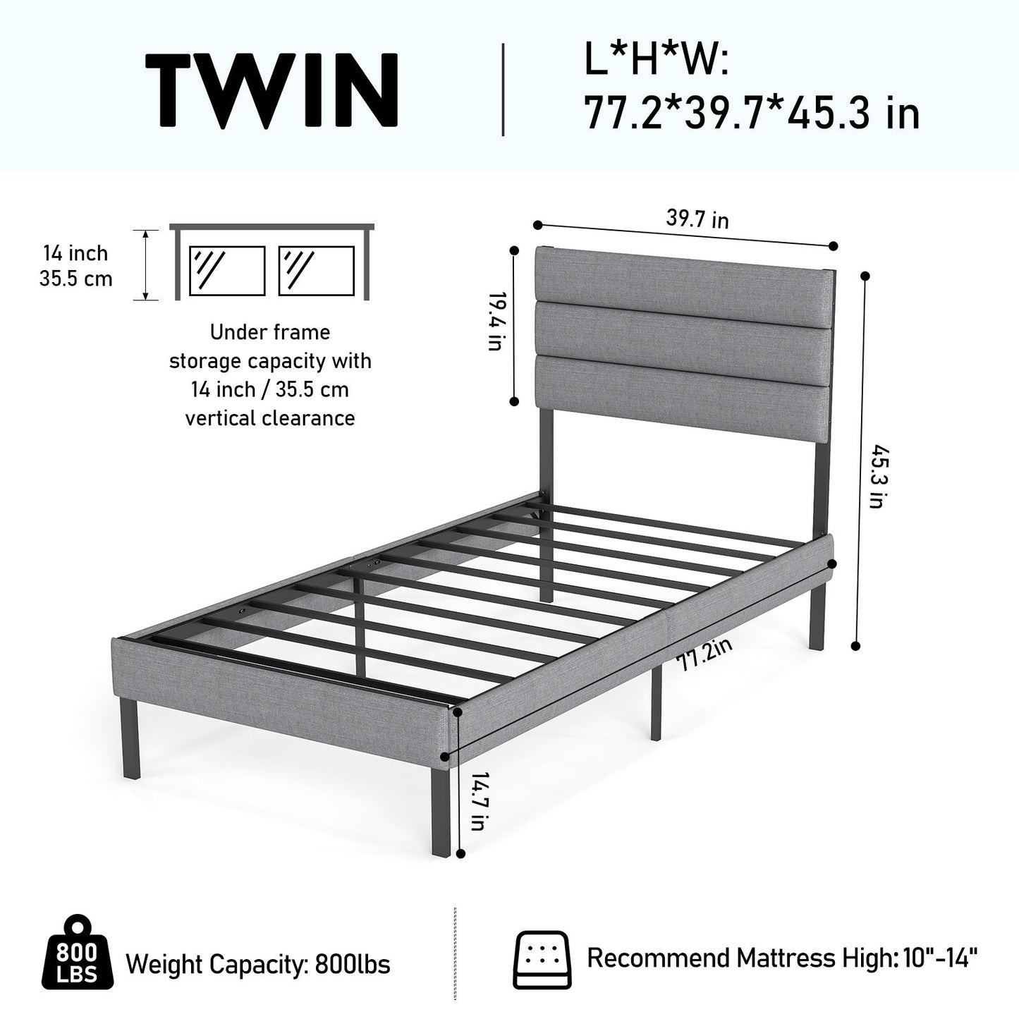 Upholstered Platform Bed Frame With Headboard, No Box Spring Needed, Underbed Storage