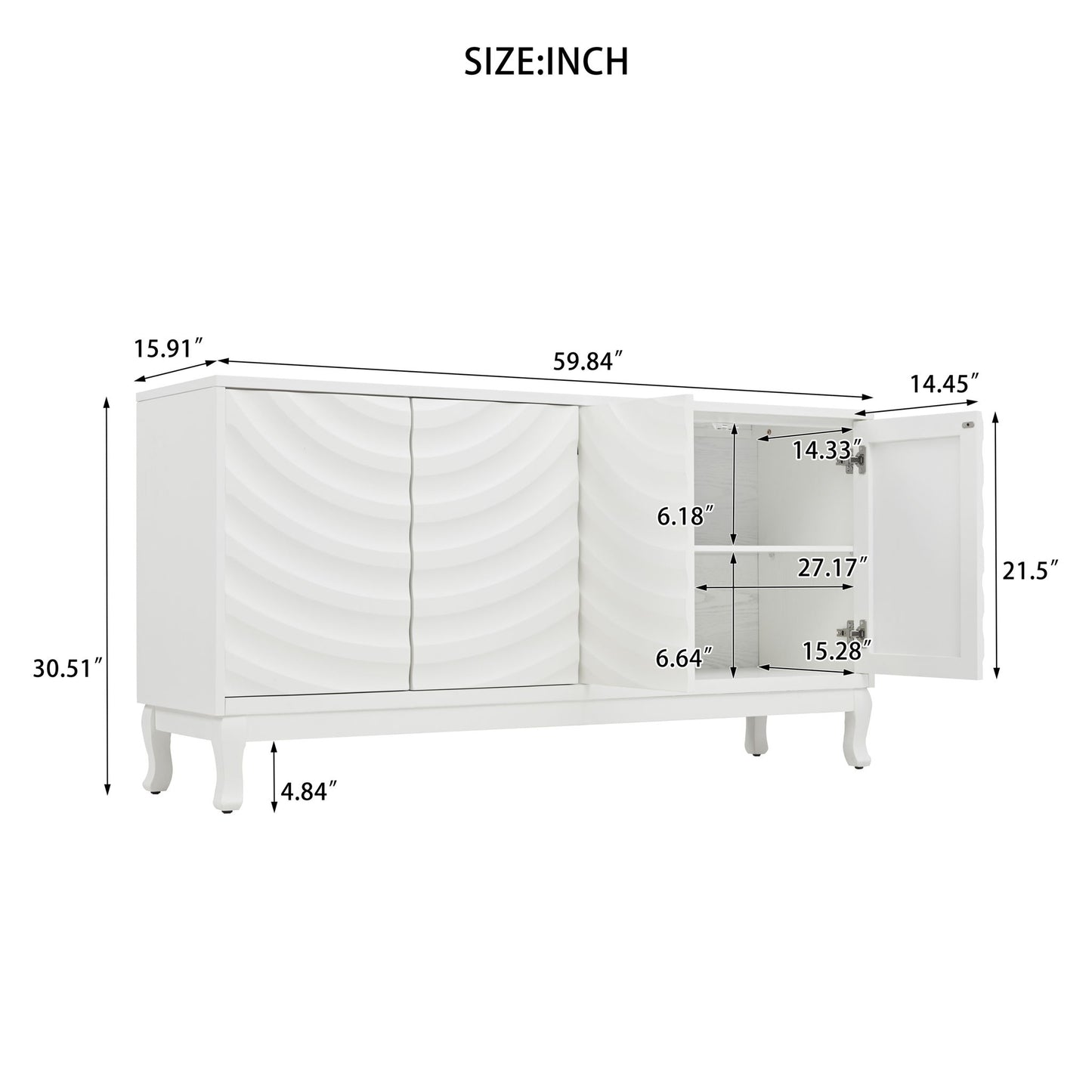 Elegant Sideboard With Sophisticated Wavy Pattern Doors And Arched Groove Design, Adjustable 4 Door Layout