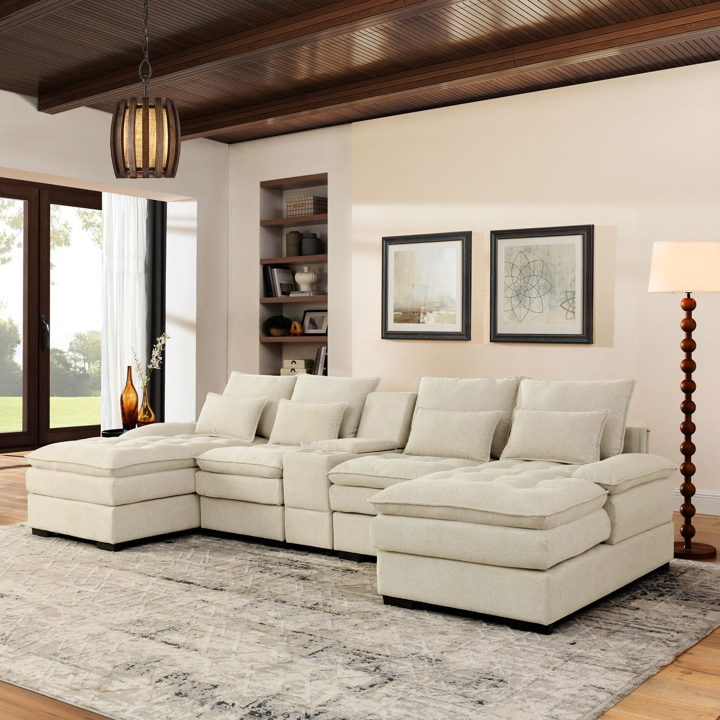 Contemporary U Shaped Sofa With Console And Cupholders