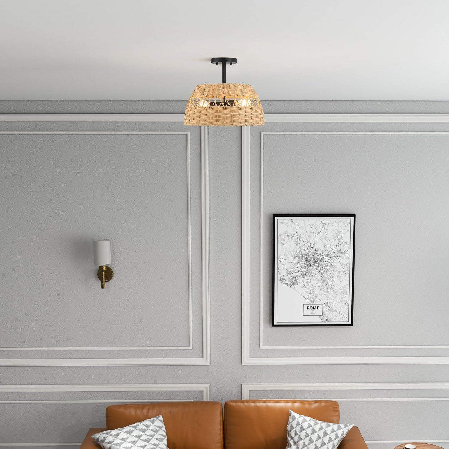 Twinkle - Double Lights Semi Flush With Shade - Black / Rattan