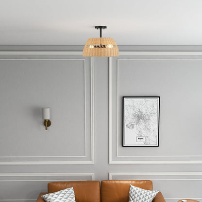 Twinkle - Double Lights Semi Flush With Shade - Black / Rattan