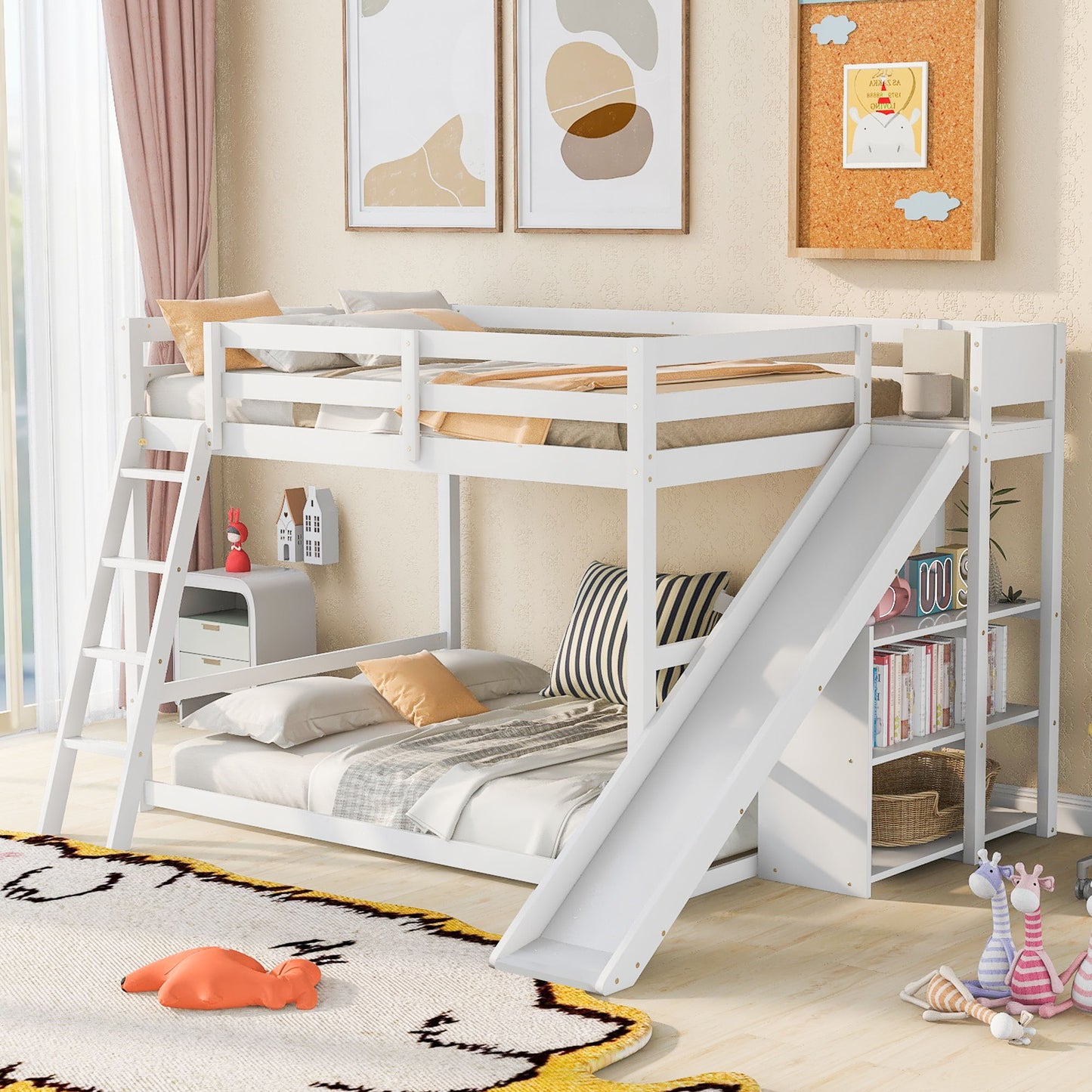 Bunk Bed With Ladder, Slide, And Shelves Pine Wood