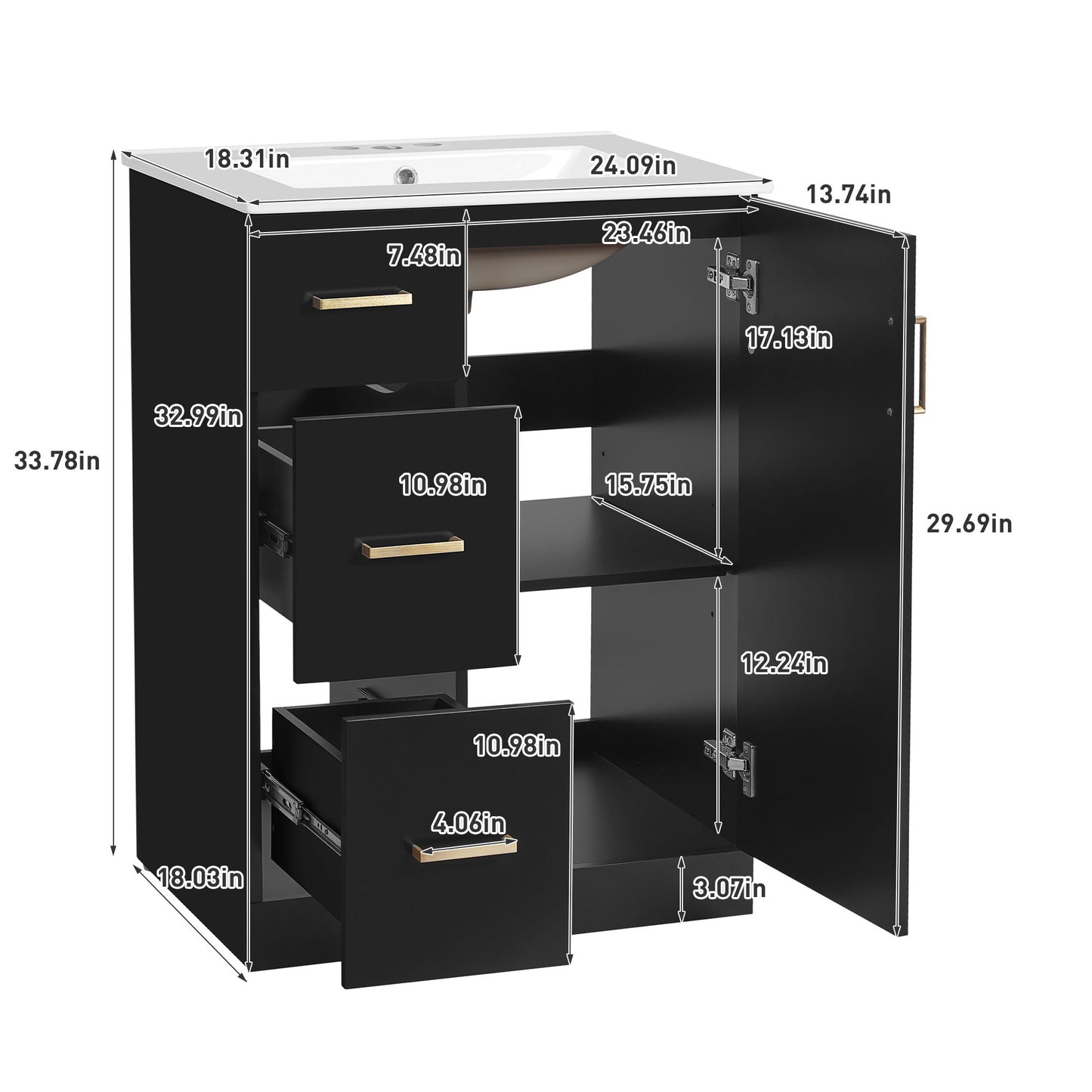 Bathroom Vanity With Sink, Compact Cabinet With 2 Drawers And Soft-Closing Door, Under-Mount Basin - Black