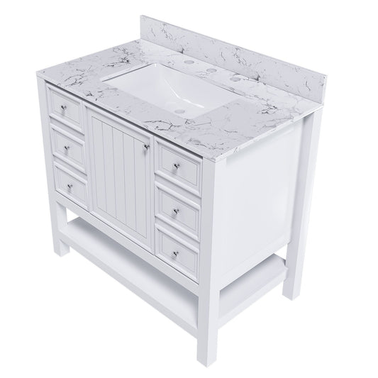 37" Bathroom Vanity With Artificial Marble Carrara Top, Multi Functional Cabinet With Doors And Drawer - White