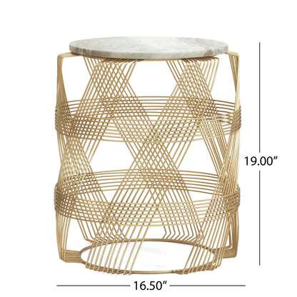 Round Table With Marble Top And Metal Base - Gold / Natural