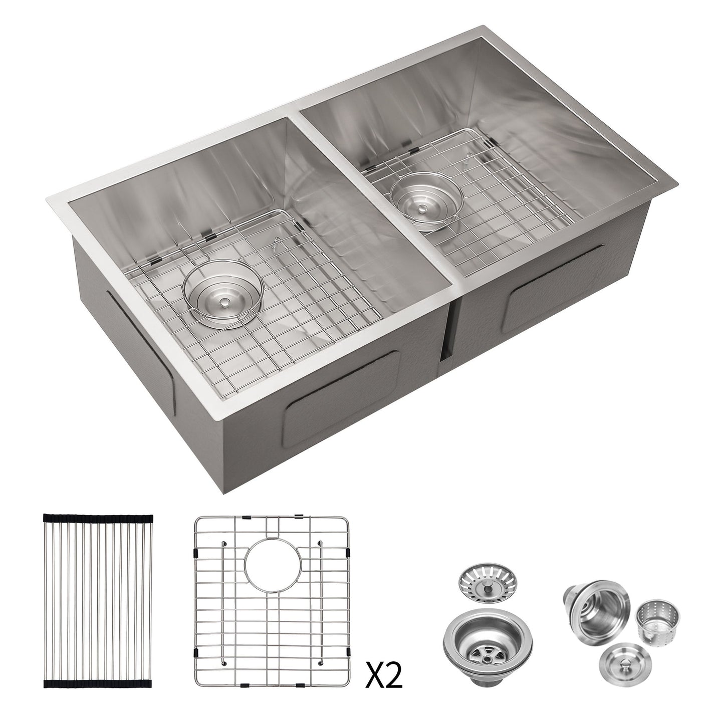 16 Gauge Undermount Double Bowl Kitchen Sink With 9" Deep Bowls - Brushed Nickel