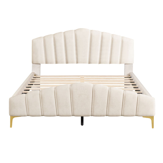 Platform Bed With Thick, Stylish Stripe Decorated Bedboard And Elegant Leg