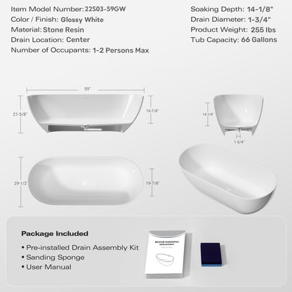 59" Freestanding Solid Surface Bathtub, Luxury Man-Made Stone Resin Freestanding Soaking Bathtub With Overflow And Pop-Up Drain For Contemporary Bathroom 22S03-59Gw - Glossy White