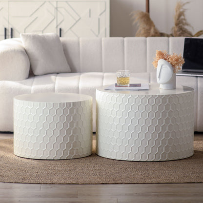 Minimalist Honeycomb Nesting Coffee Table Set, Round Drum Circle Table (Set of 2) - Beige