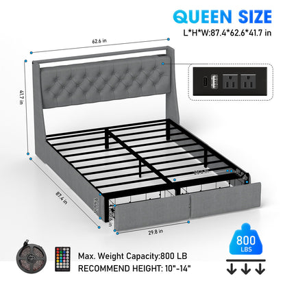 Bed Frame With Storage Headboard, RGB LED Light & USB Charging Station