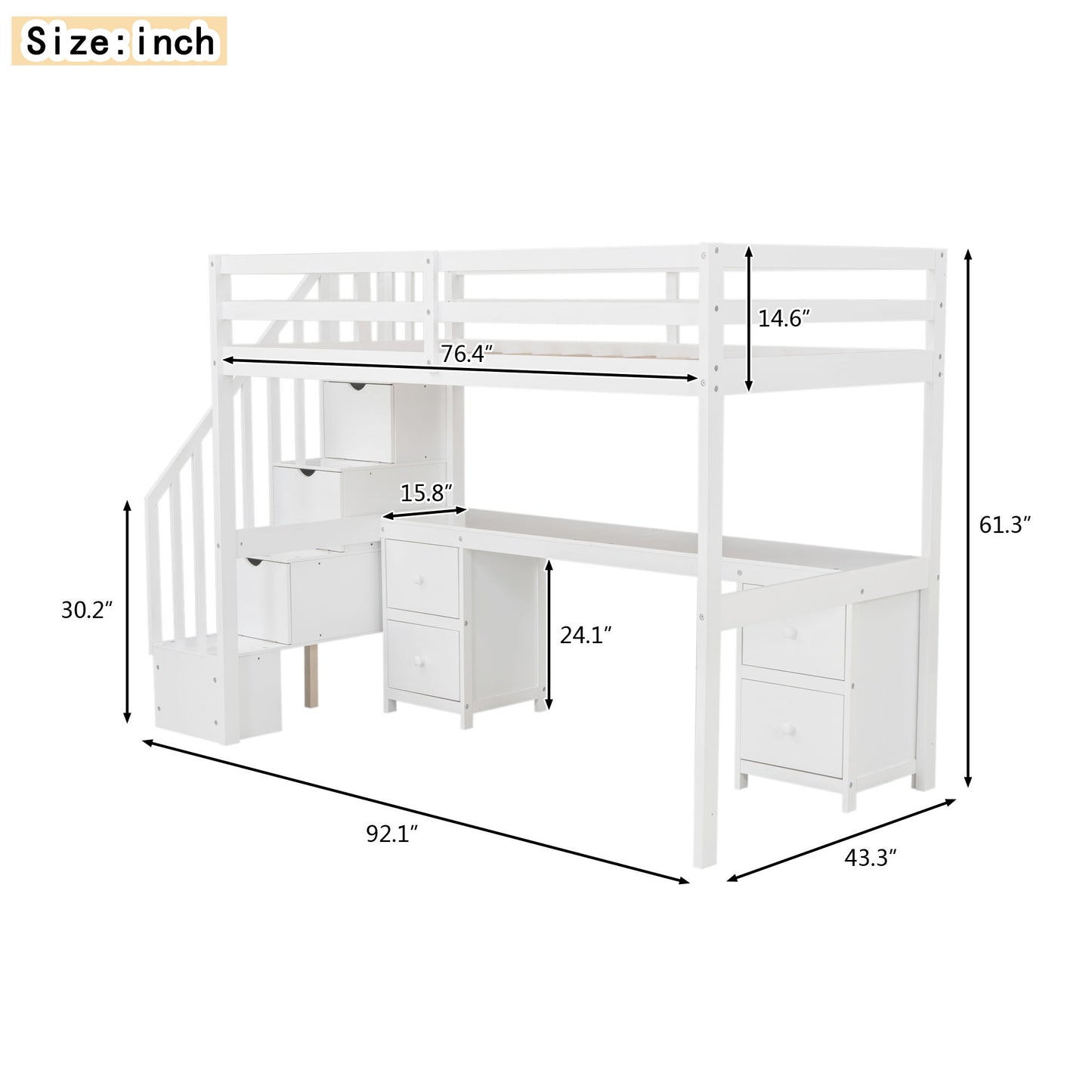 Loft Bed Frame With Built In Desk And Double Storage Drawers