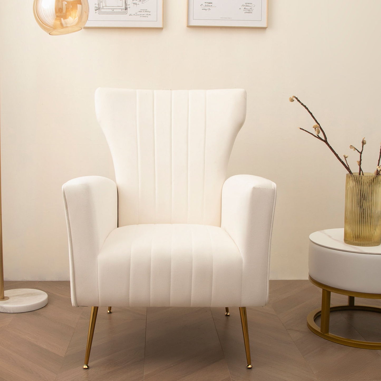 Velvet Wingback Accent Chair With Legs, Upholstered Single Sofa - White