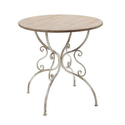 Round Wooden Table With Metal Scrollwork Legs - White Washed