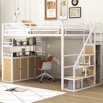 Full Size Loft Bed With Storage Staircase, Wardrobe, Shelves, And Lockers Natural Mdf Details - White / Natural