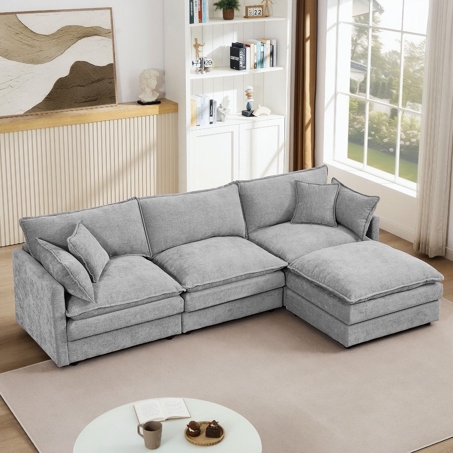 L Shaped Modular Sectional Sofa With Movable Ottoman, 3 Seater Comfortable Seating