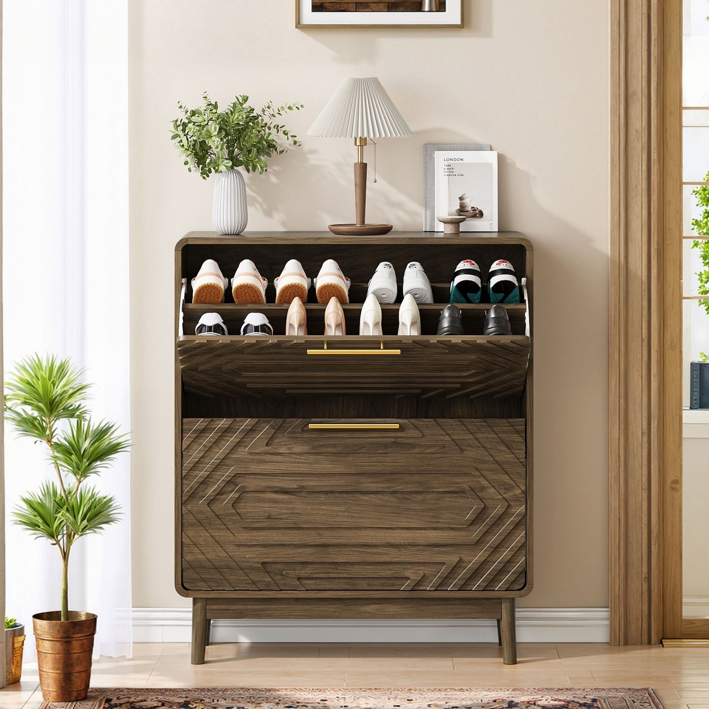 Freestanding Shoe Cabinet With 2 Flip Top Drawers For Entryway - Walnut