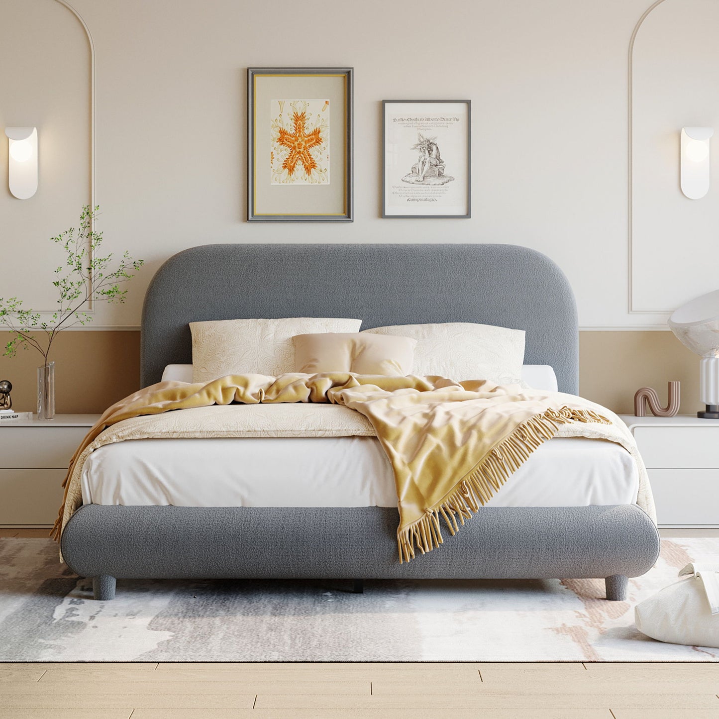 Upholstered Platform Bed With Thick Solid Frame And Stylish Curve-Shaped Design