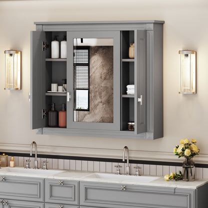 Wall Mounted Bathroom Cabinet With Mirror And 4 Shelves, Rectangular Design - Gray