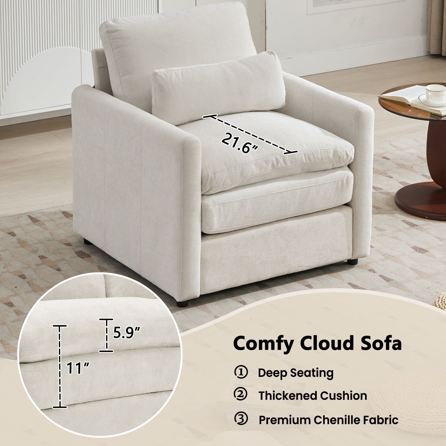 Cozy Upholstered Plush Cushion Armchair For Living Room
