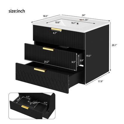 Wall Mounted Floating Cabinet With Double Drawer, Rectangular Sink, Bathroom Vanity With Single Faucet Hole And Overflow - Black