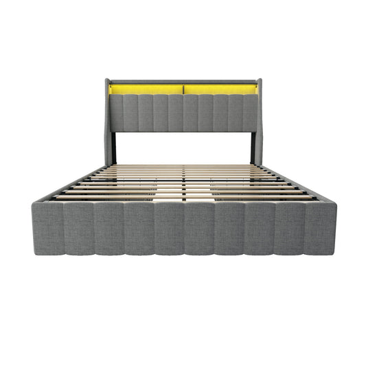 Bed With LED Lights, 4 Drawers, Winged Headboard Upholstered