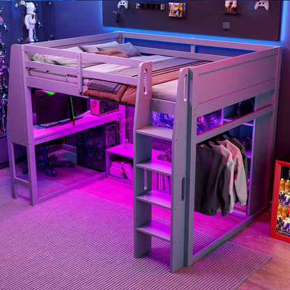 Full Size Gaming Loft Bed With Desk, Multi Storage Shelves, LED Lighting, And Hanging Clothes Rack - Gray