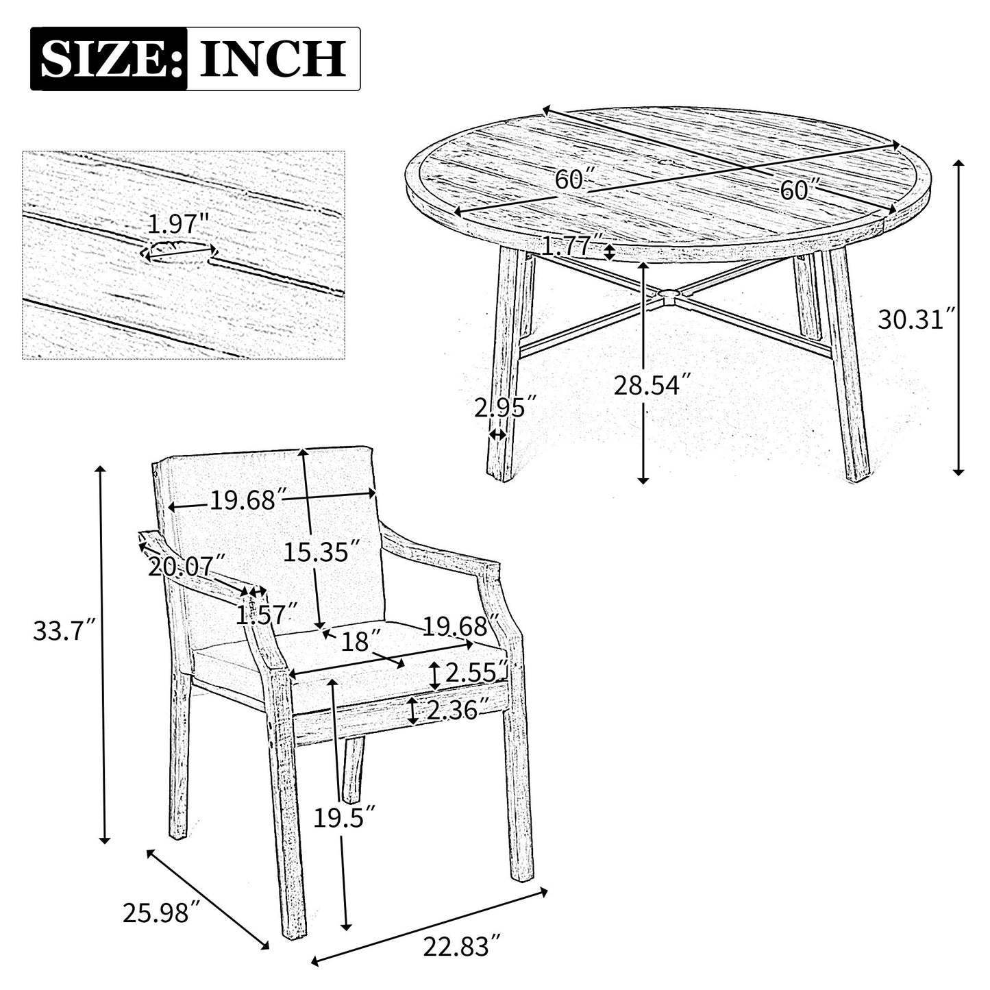 6 Person Outdoor Wooden Dining Set With Umbrella Hole And Removable Cushions For Patio - Gray
