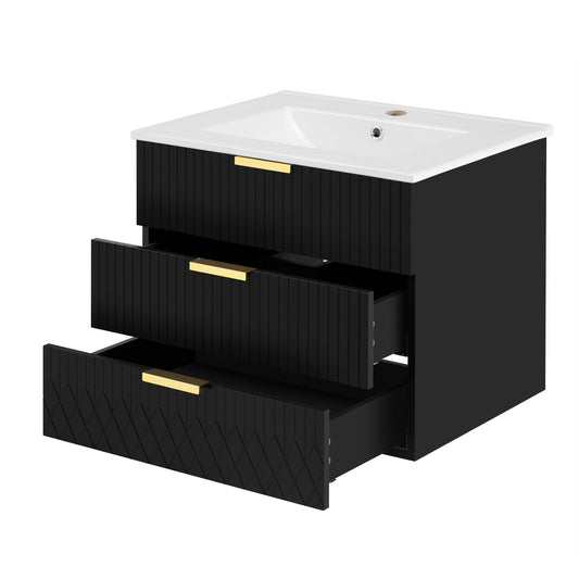 Wall Mounted Floating Cabinet With Double Drawer, Rectangular Sink, Bathroom Vanity With Single Faucet Hole And Overflow - Black