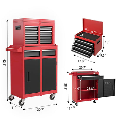 Tool Chest, 5 Drawer Rolling Tool Storage Cabinet With Detachable Top Tool Box, Liner, Universal Lockable Wheels, Adjustable Shelf, Locking Mechanism, Metal Tool Cart For Garage Workshop