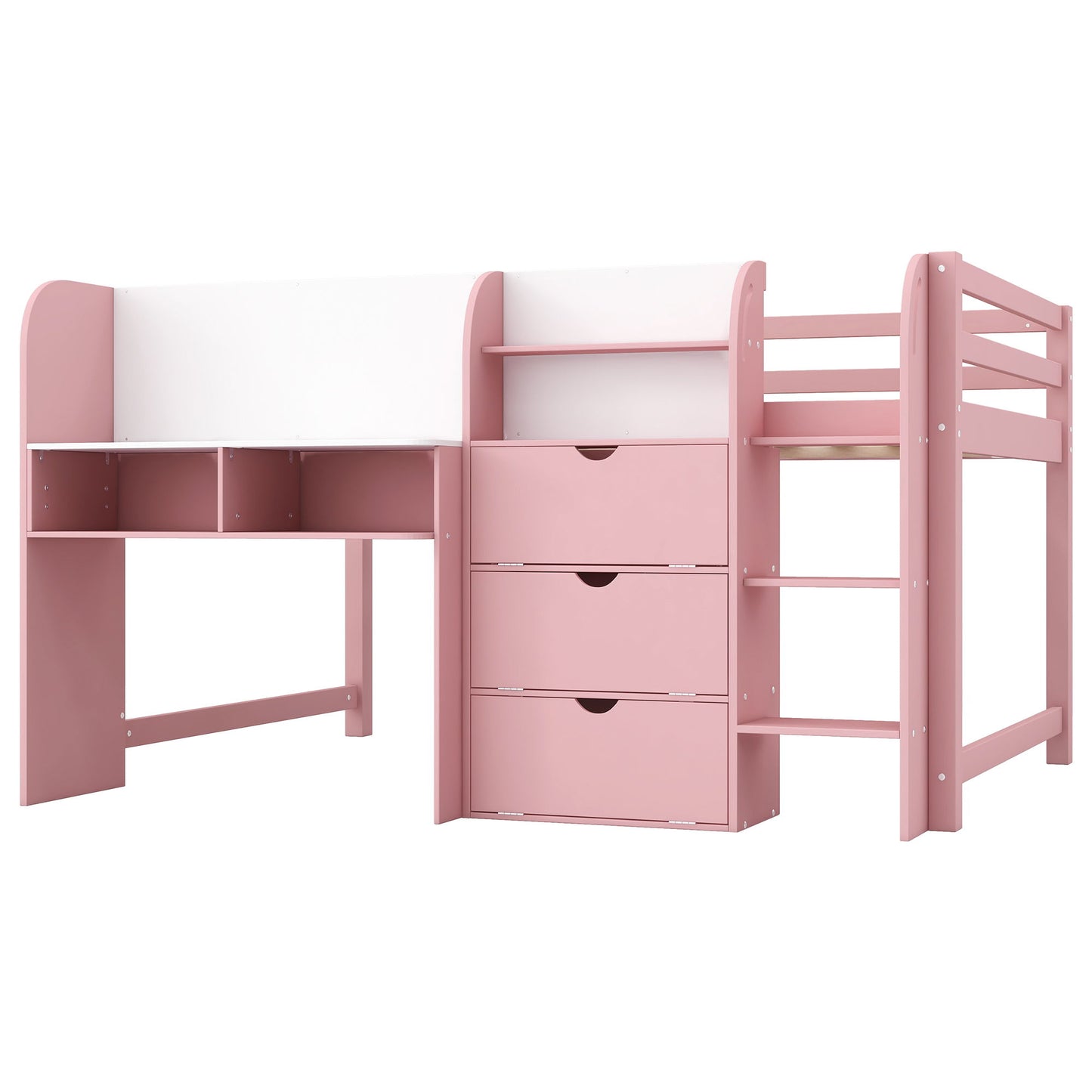 Low Loft Bed With Built In Desk, Storage Cabinets, Open Bookcase And Doodle Blackboard