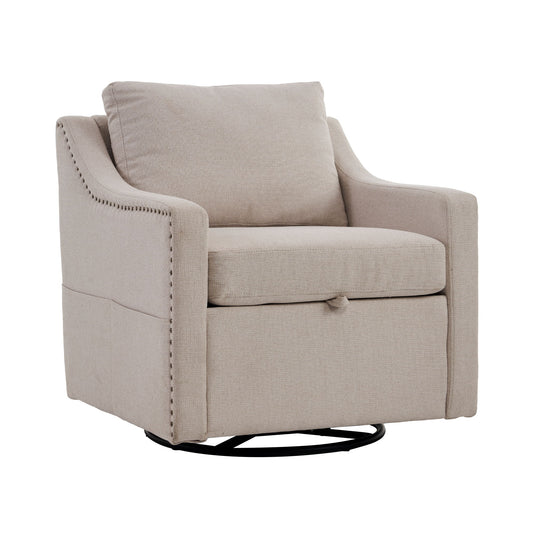 Linen Fabric 360° Swivel Accent Chair With Upholstered Back Pillow And Rivet Armrest