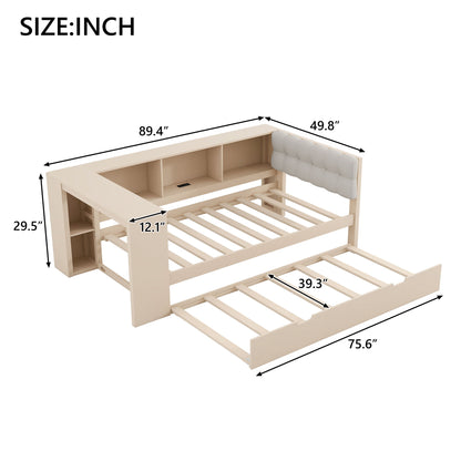 Upholstered Headboard Platform Bed With Storage Shelves, Trundle, Charging Station