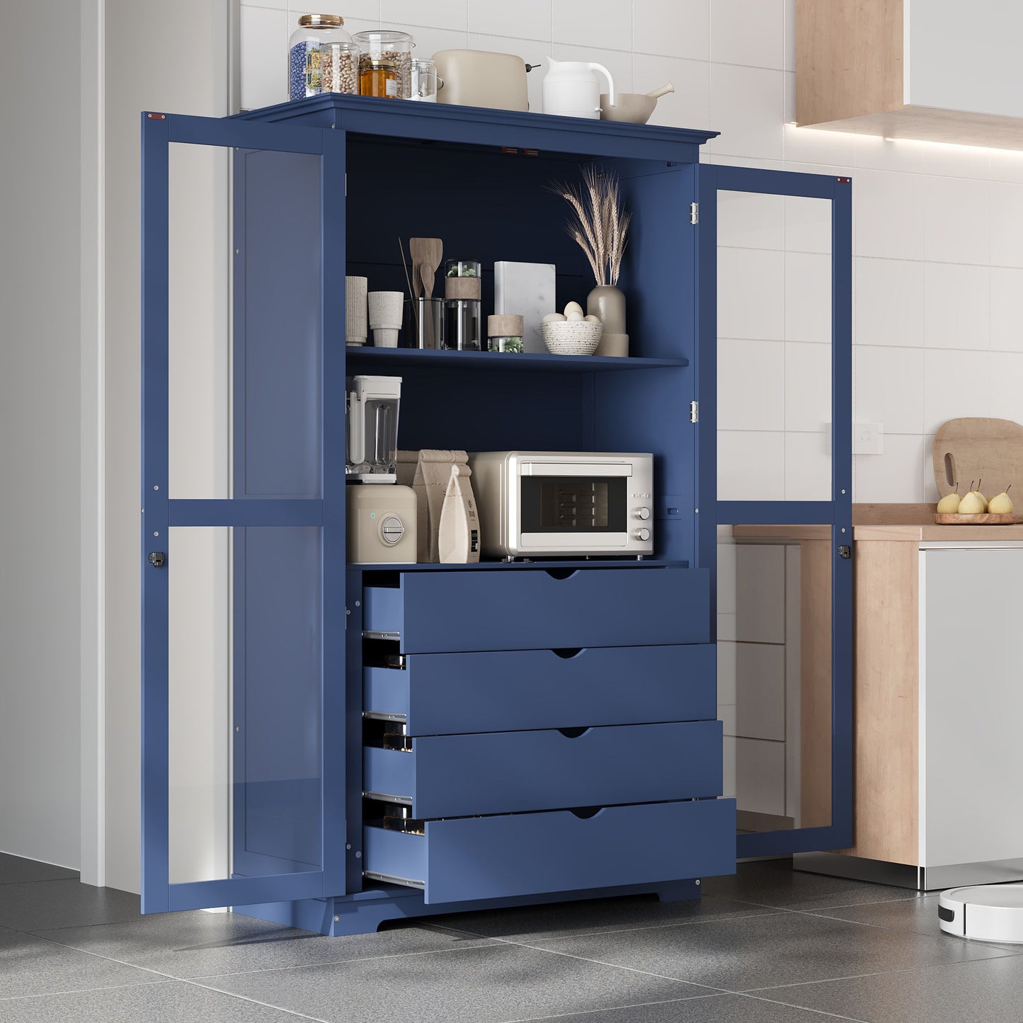 Kitchen Pantry, Freestanding Kitchen Storage Cabinet Display Cabinet With Glass Doors And 4 Built In Drawers For Living Room, Home Office - Blue