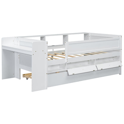 Twin Daybed With Drawers, Trundle, Headboard Storage, Study Desk, And USB Charging Station - White