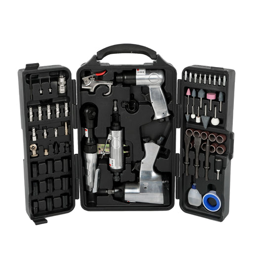 71 Piece Air Tool And Accessories Kit, Impact Wrench, Air Ratchet, Die Grinder, Aire Hammer, Hose Fittings, Storage Case - Black / Silver