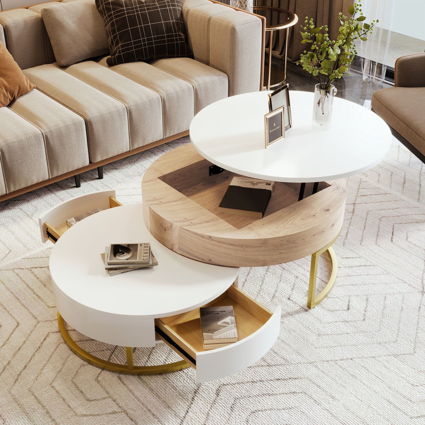 Modern Round Lift-Top Nesting Coffee Tables With 2 Drawers