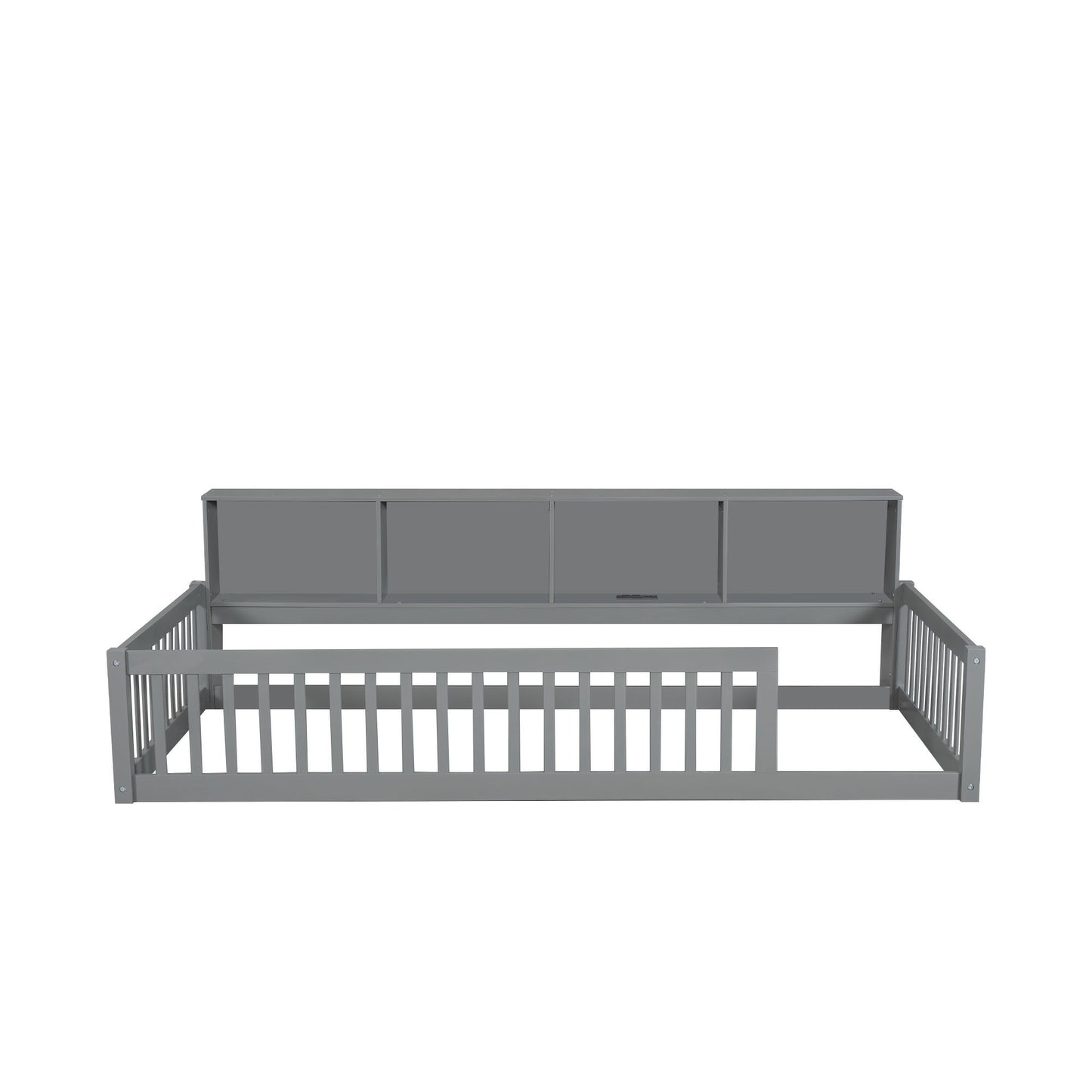 Twin Long Floor Bed With Storage Cabinets And USB Ports - Gray