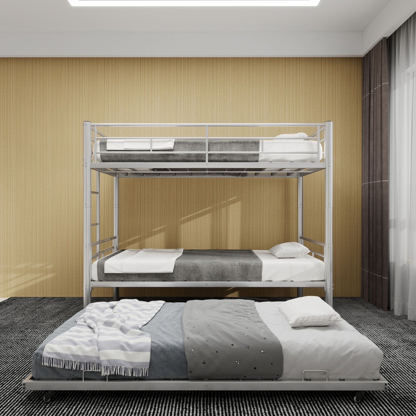 Metal Bunk Bed For Kids, Convertible Bedframe With Ladders & Guardrail