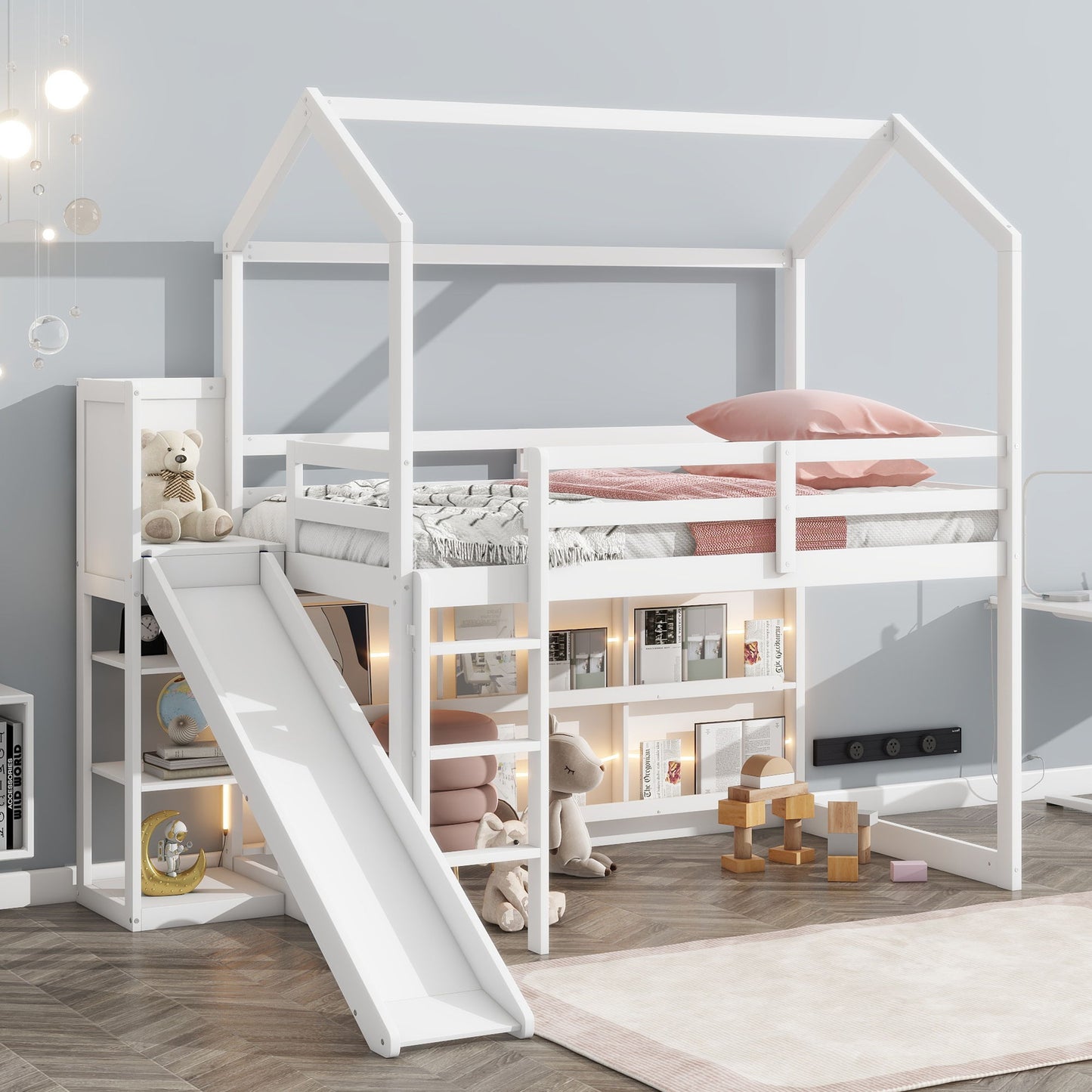 House Loft Bed With Slide, Storage Shelves And Light, Climbing Ramp