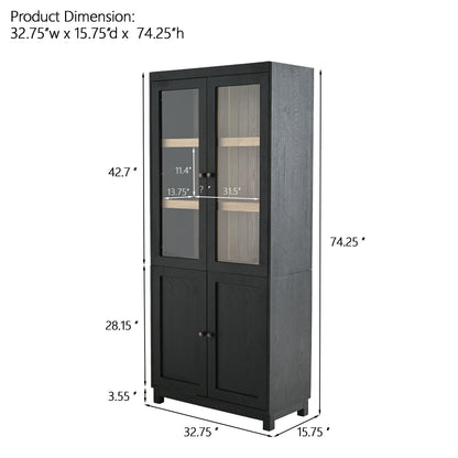 Mid Century Modern Style Tall Display Cabinet With Glass Doors For Collectibles - Black