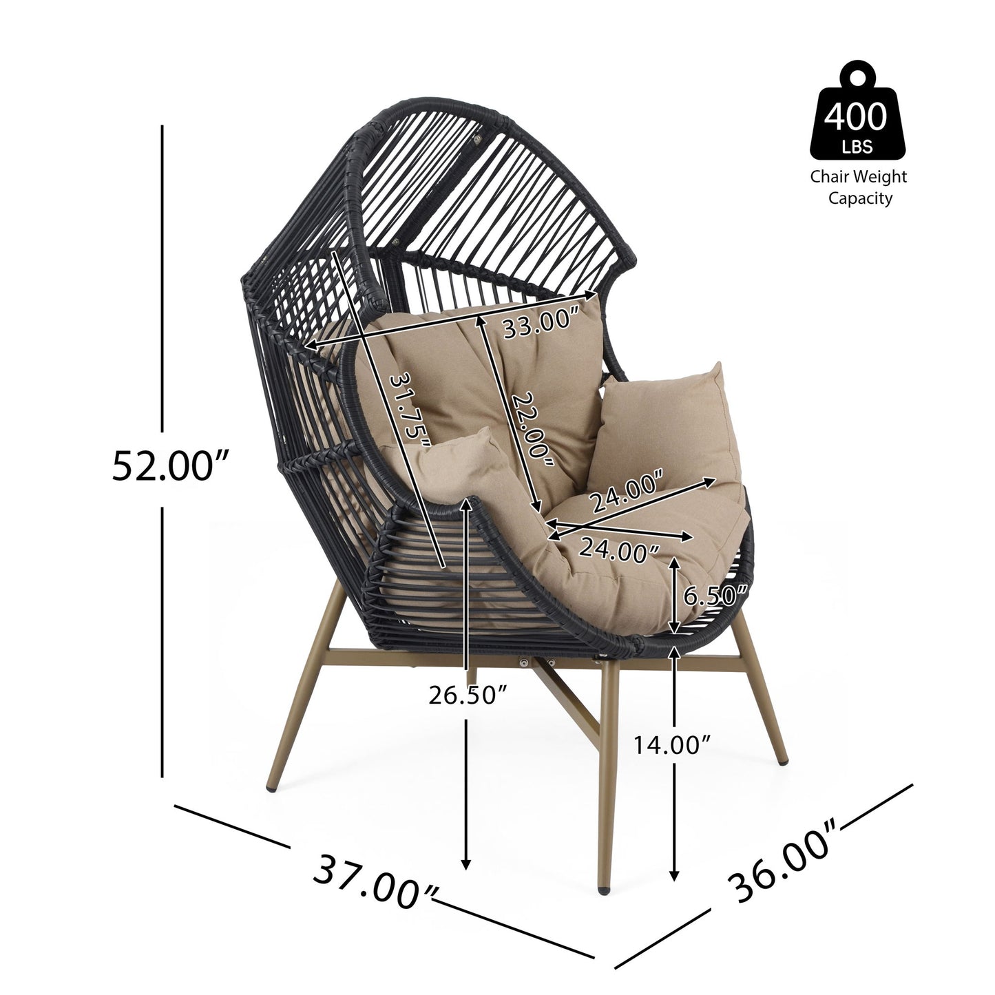 Cori - Outdoor Patio Egg Chair, With Cushion - Black / Khaki