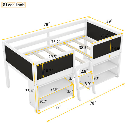 Low Loft Bed With Movable Shelves And Ladder, Decorative Chalkboard Guardrail