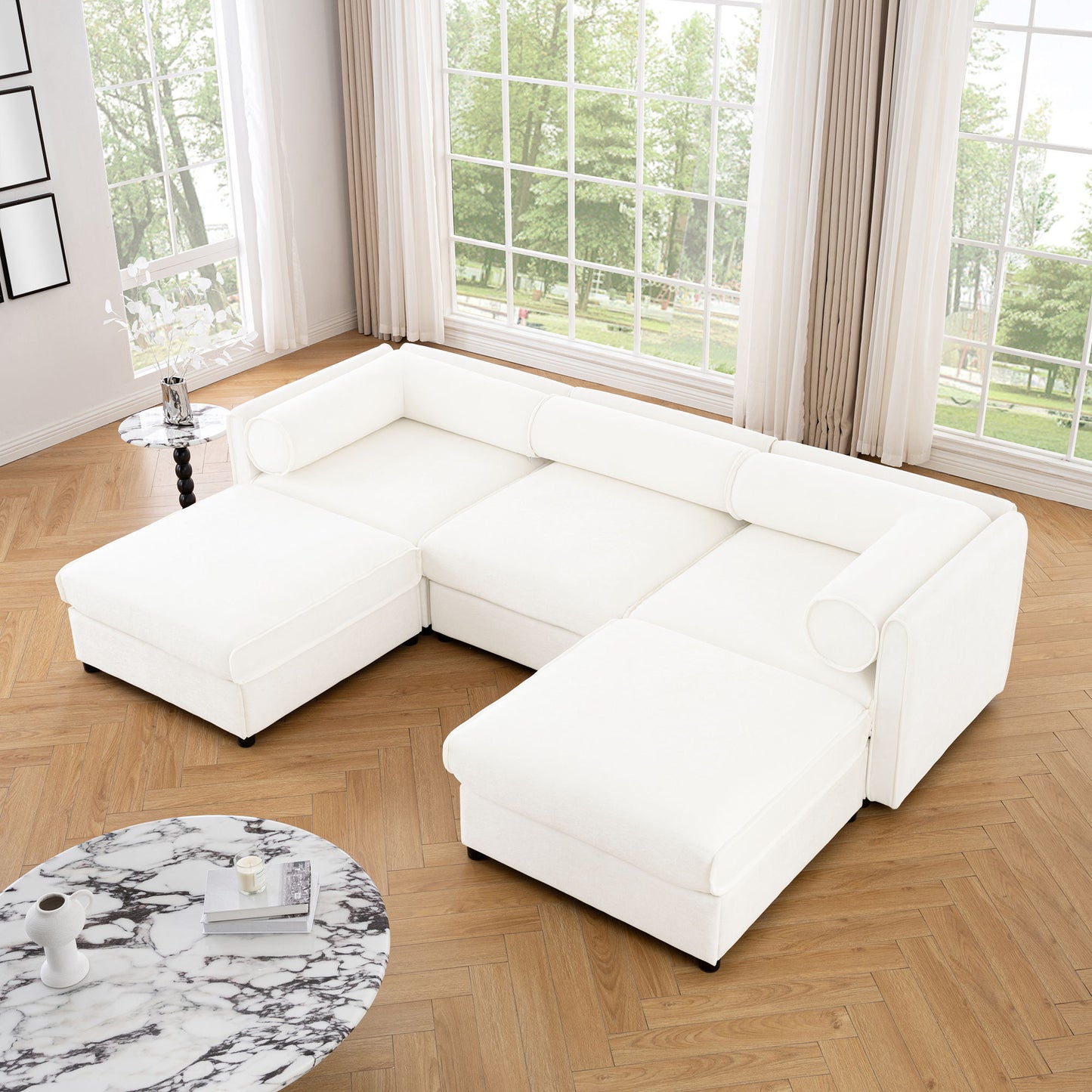 Contemporary Elegant White Chenille Sofa With Storage And Ottoman