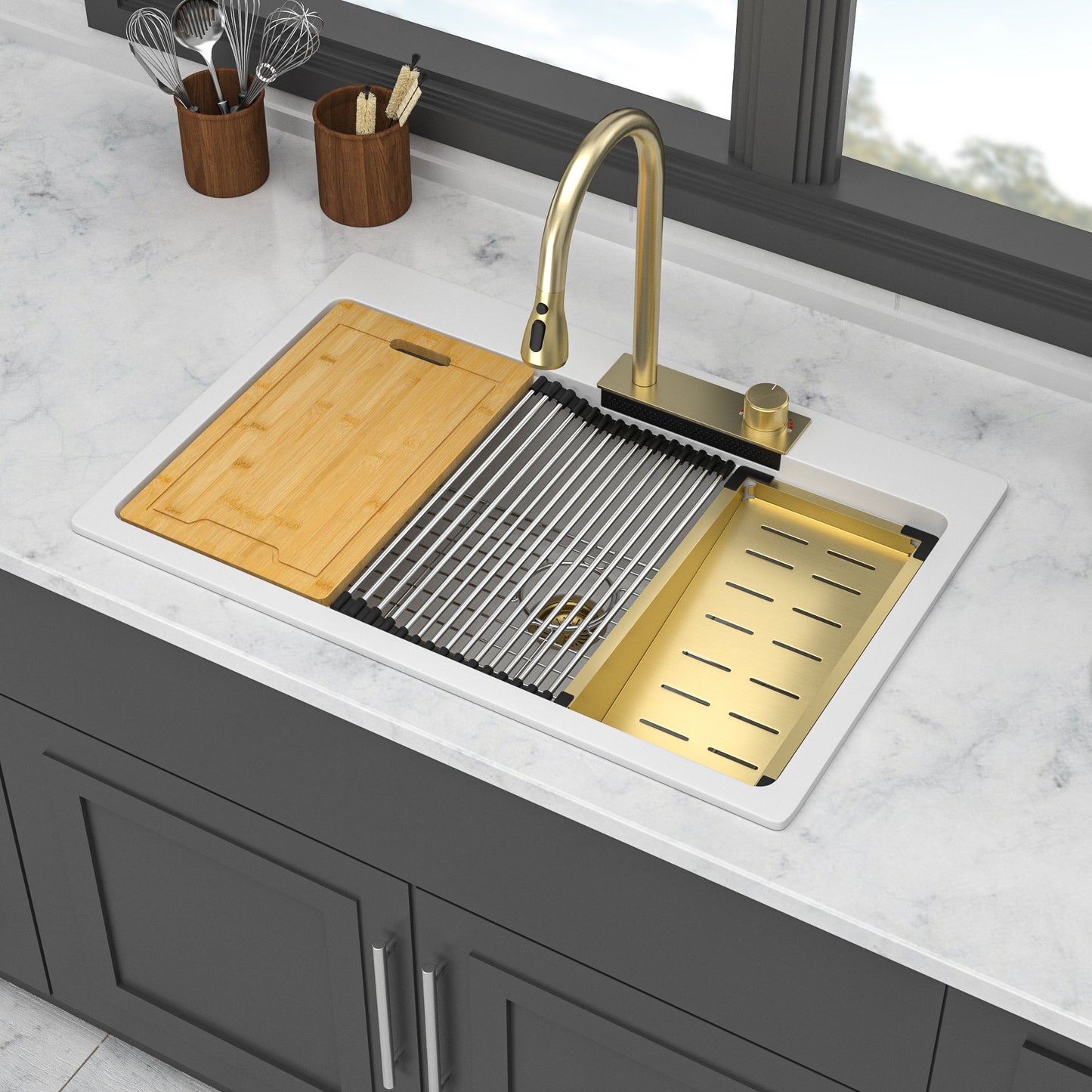 Waterfall Kitchen Sink With Pull Out Faucet & Cup Washer
