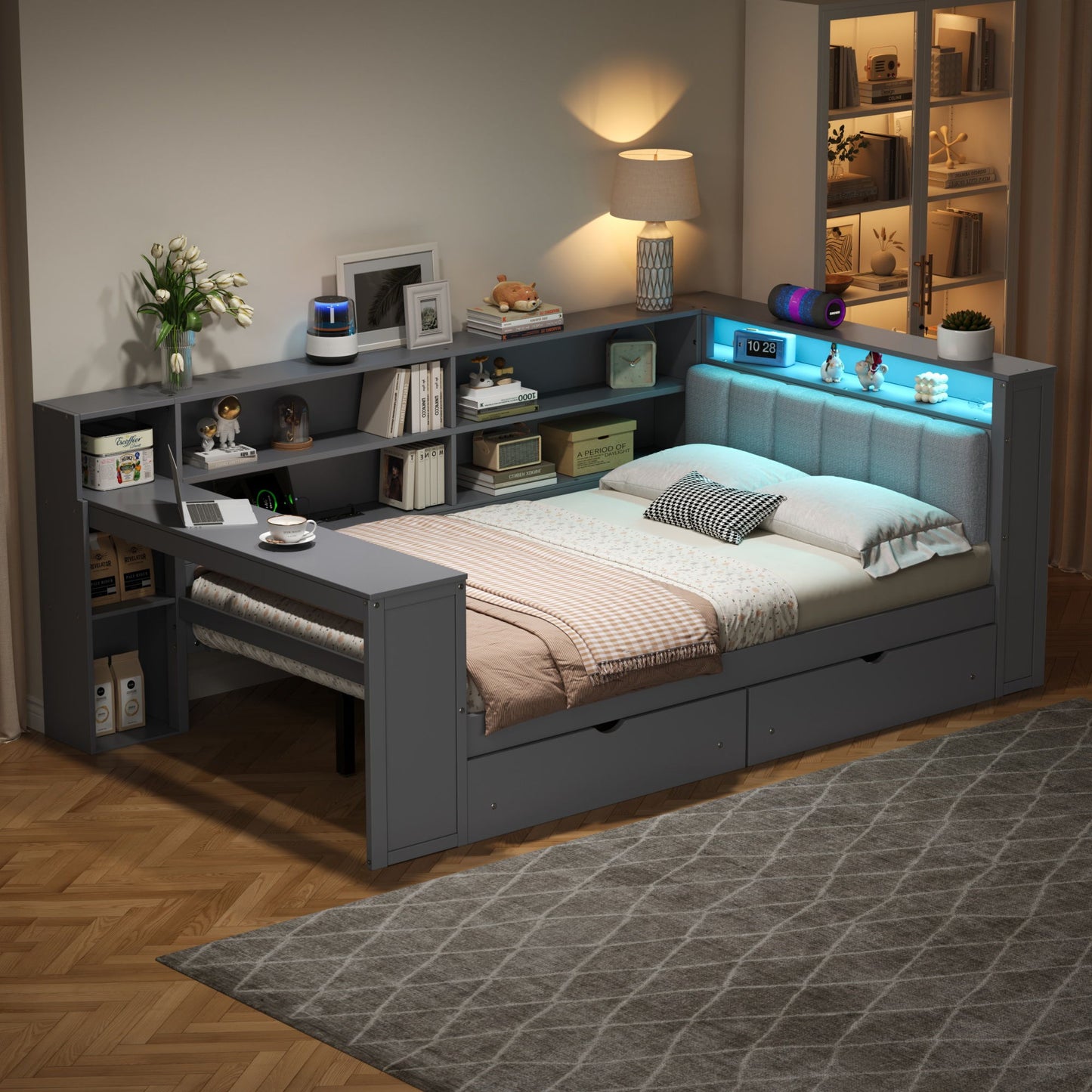 Platform Bed With Upholstered Headboard, Storage Shelves, Drawers, Charging Station, LED Lighting, Built In Desk