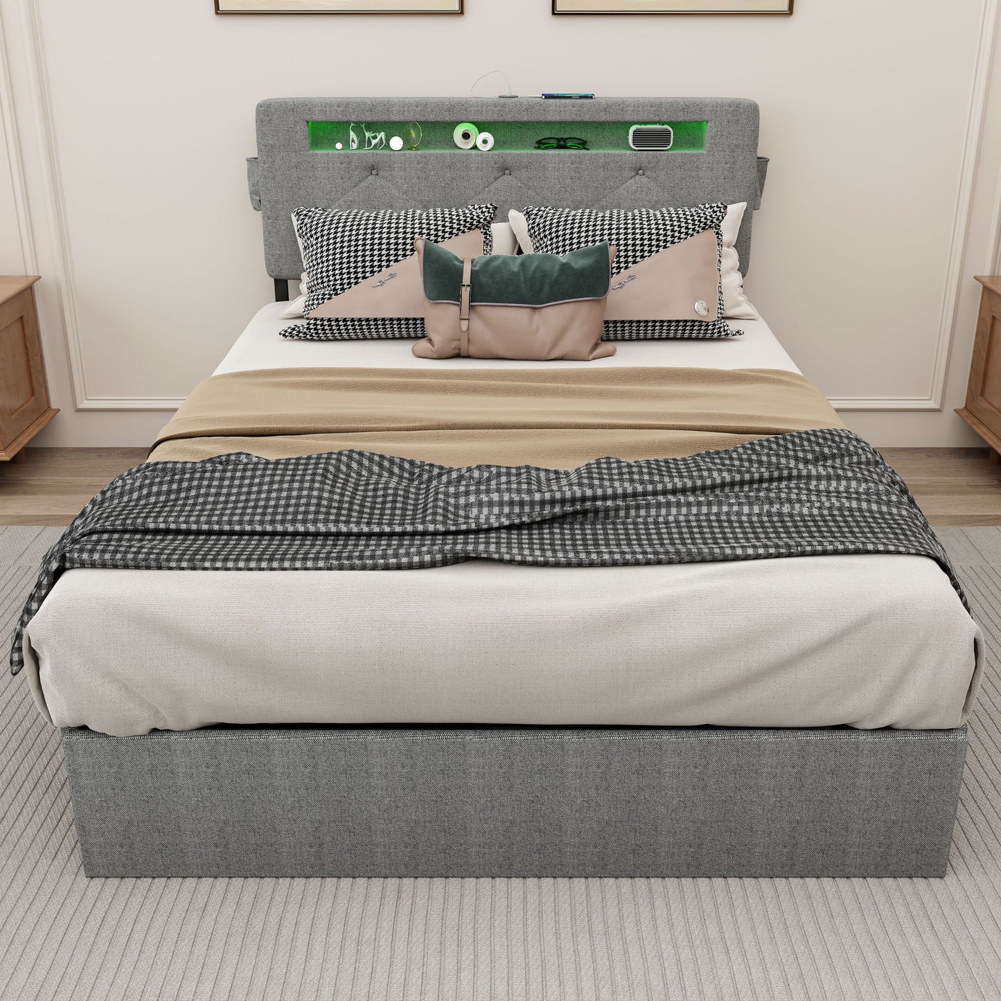 Bed With USB Charging Station, LED Lights, Headboard & Storage Drawers