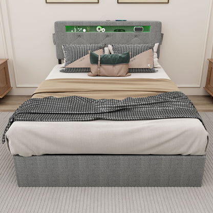 Bed With USB Charging Station, LED Lights, Headboard & Storage Drawers