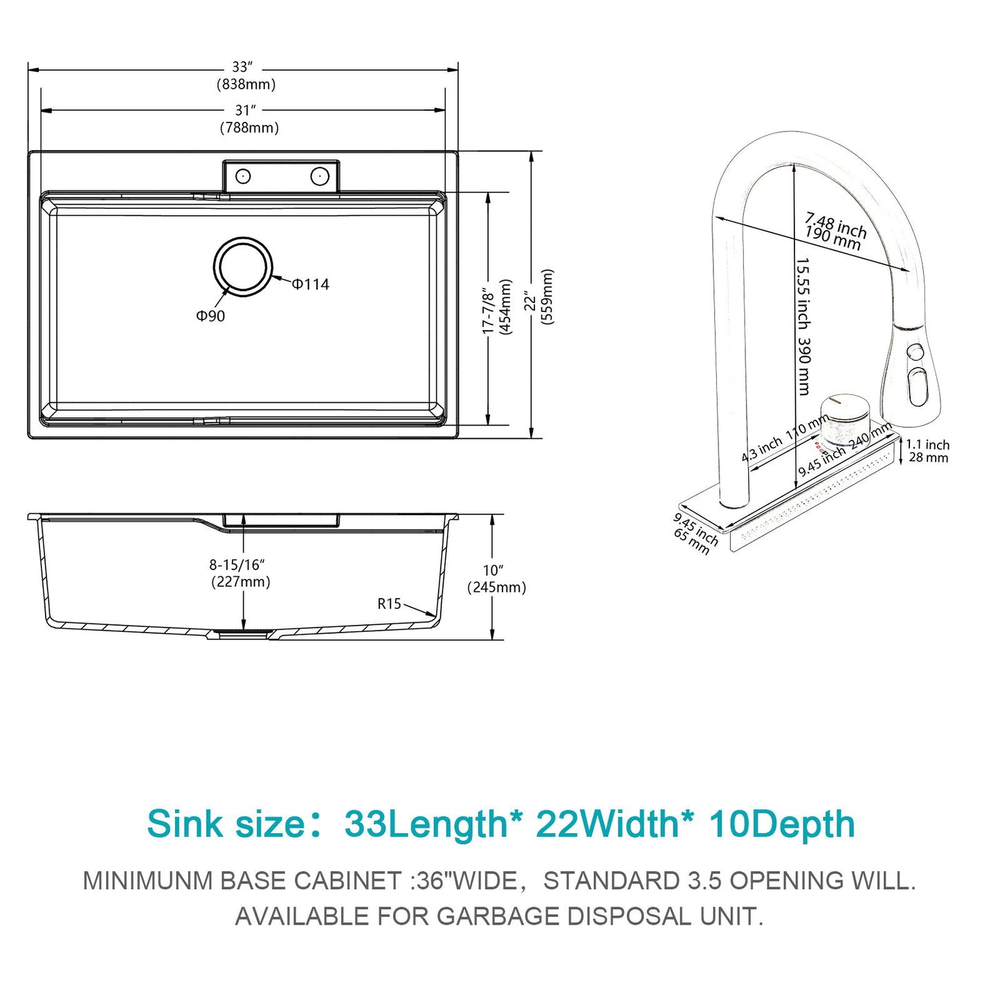 Waterfall Kitchen Sink With Pull Out Faucet & Cup Washer
