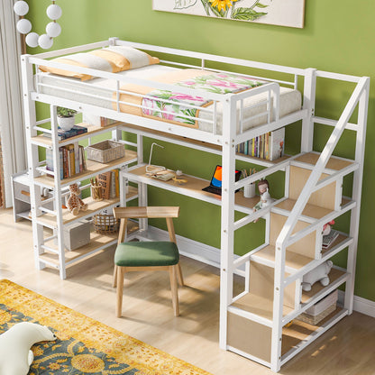 Twin Size Loft Bed With Built In Desk, Staircase Storage & 4 Tier Shelves - White