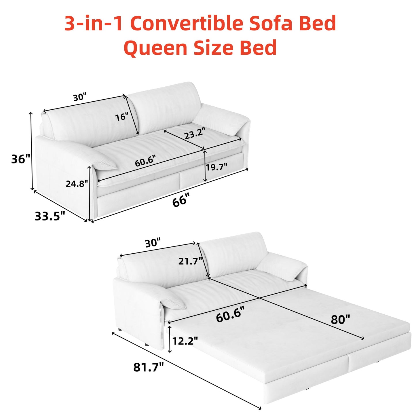 Queen Pull Out Sofa Bed, 3 In 1 Convertible Sleeper Sofa With Side Storage
